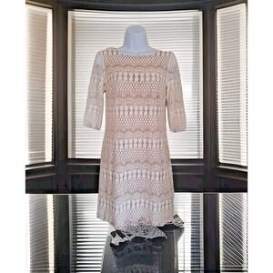 Catherine Malandrino Shift Dress 4 Tan/Ivory Lace Overlay 3/4 Sleeve Romantic